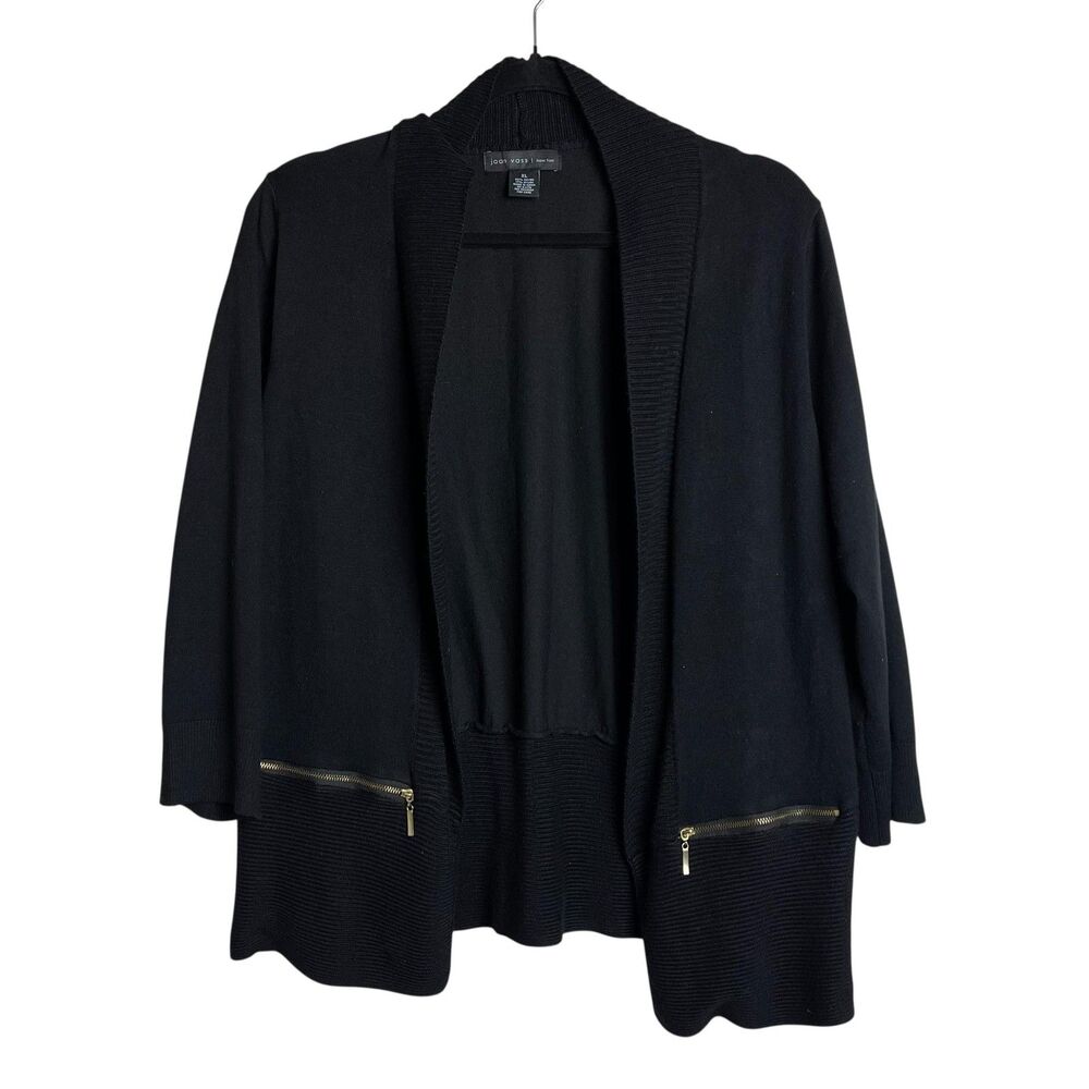 Joan Vass Sweater Womens XL Black Open Front Ribbed Cardigan Gold Zipper Pockets